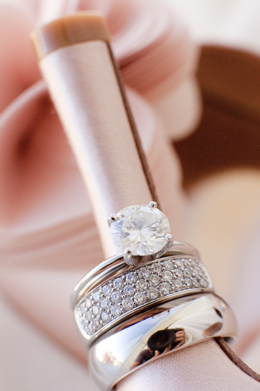 Rachel Brooks Custom Fine Jewelry Diamond Solitaire Engagement Ring and Diamond Pave Wedding Band and Men's White Gold Comfort Fit Wedding Band