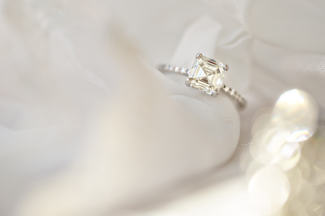 Rachel Brooks Custom Fine Jewelry Asscher Cut Diamond Engagement Ring Set In Delicate Pave Band 